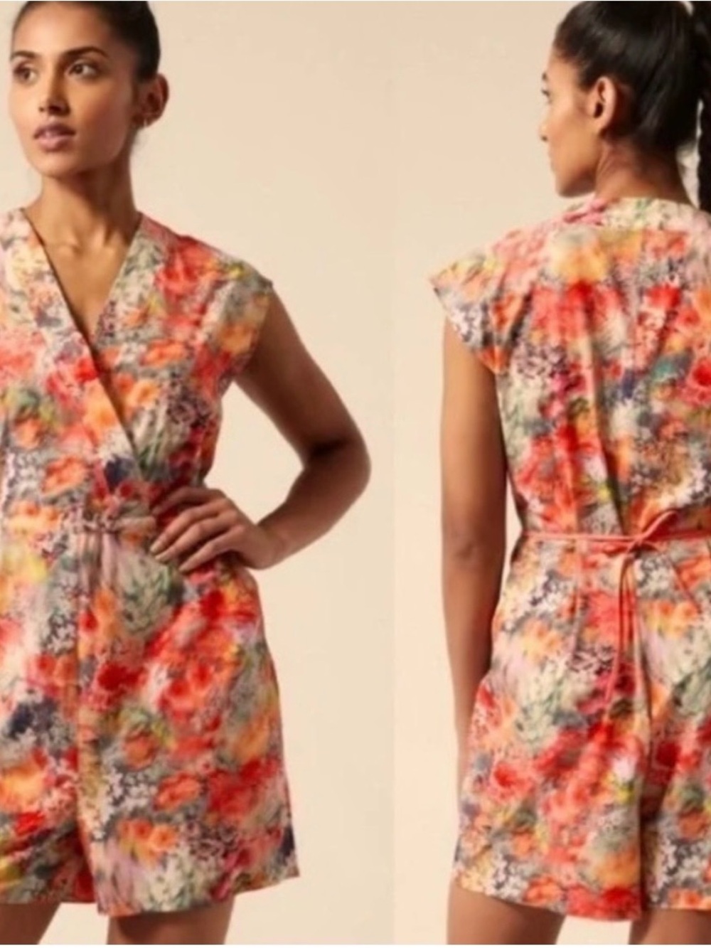Athleta Floral Watercolor Tie-Waist Romper in Coral, Yellow & Blue